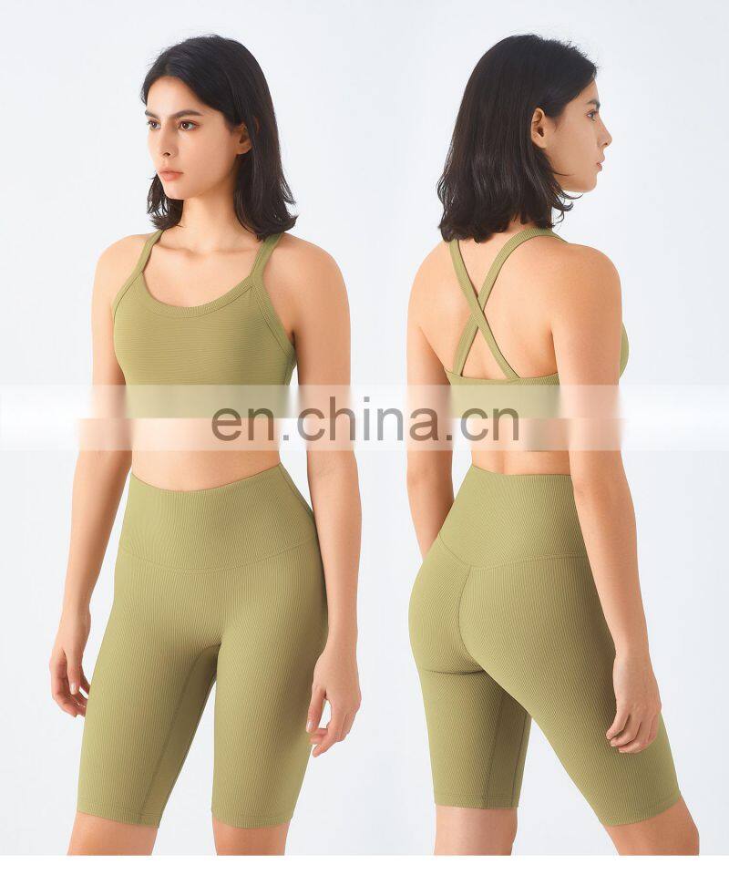 Wholesale Women Ribbed Wide Strap Sports Top Sustainable Cross Back Yoga Bra