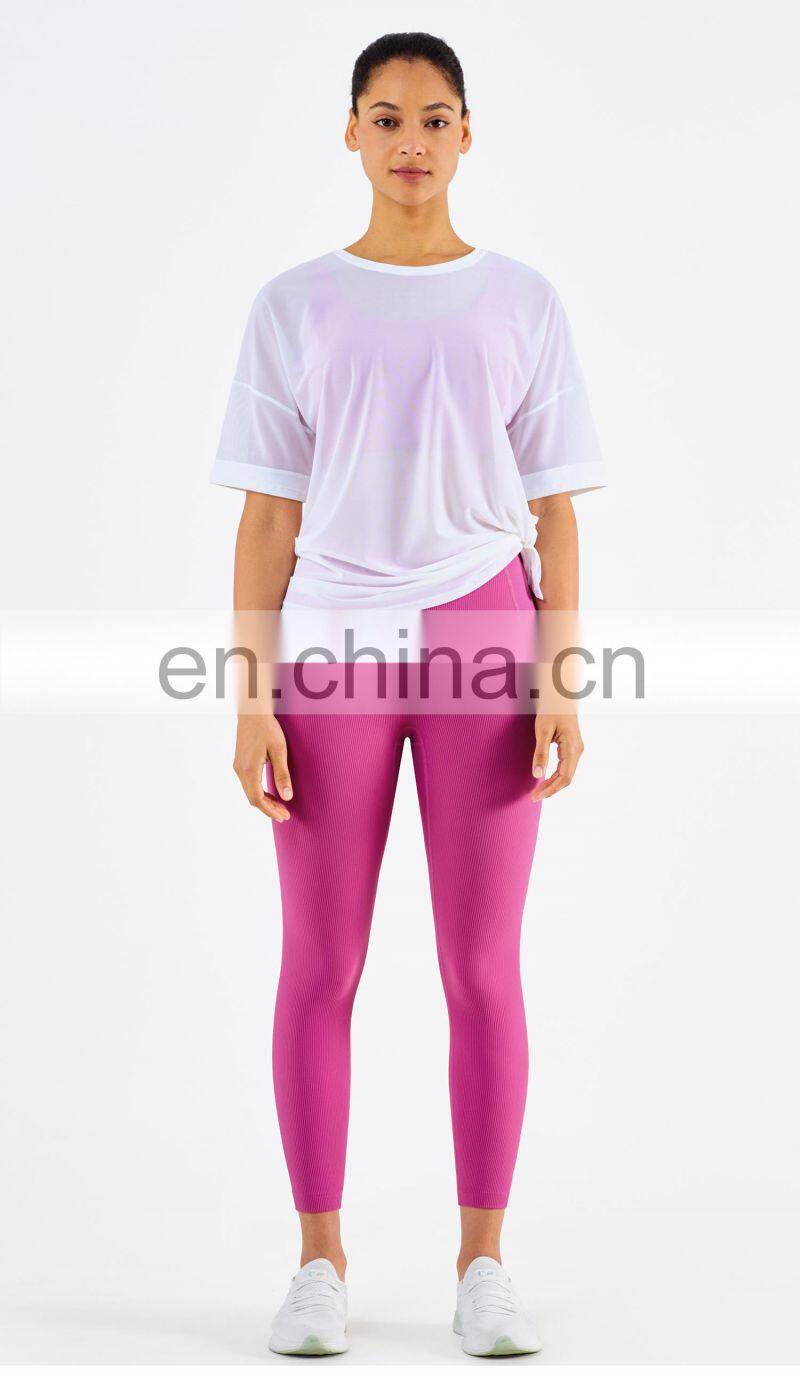 Side Waist Slit Design Mesh Sports Gym T Shirt Fashion Girl Yoga Short Sleeve Eco Fabric