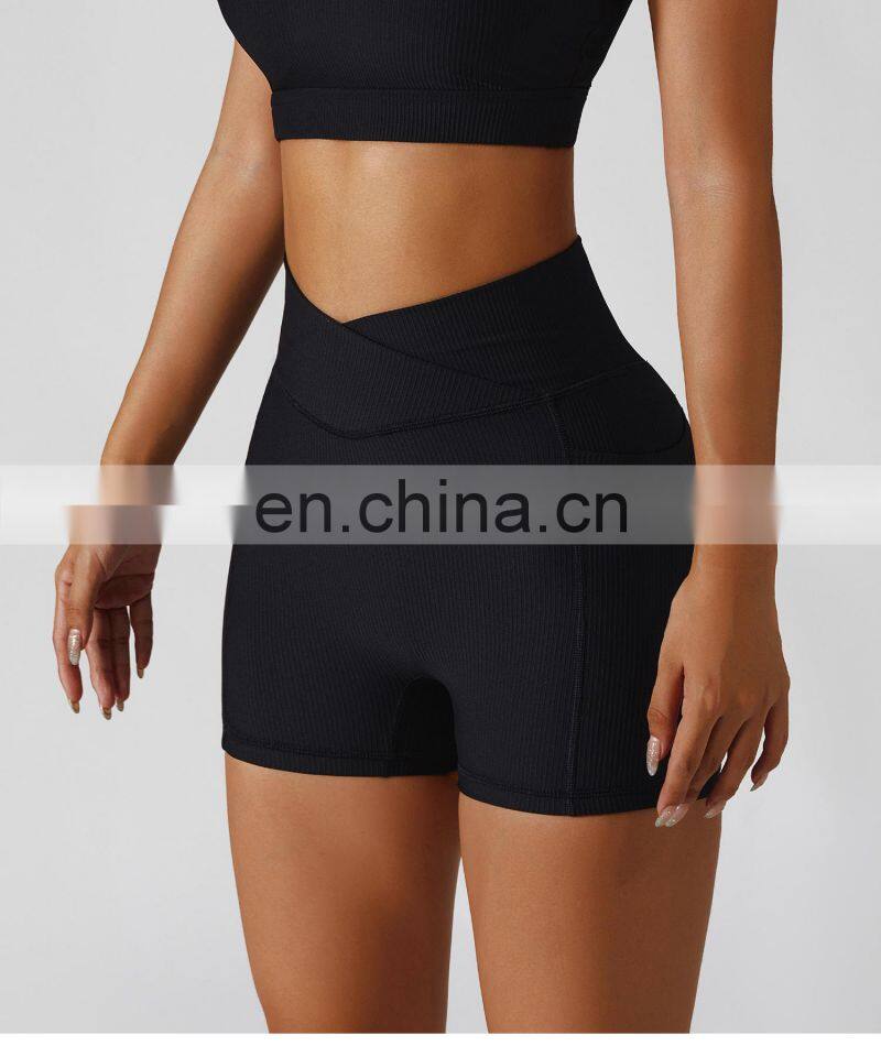OEM Cross Waist Gym Shorts With Side Pocket Ribbed High Waist Athletic Wear