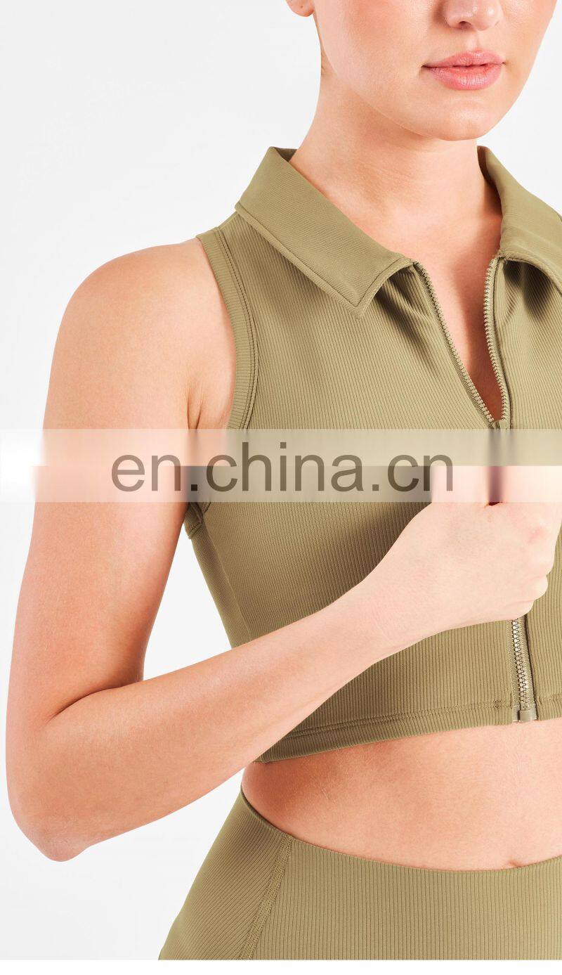 Designer Polo Ribbed Sports Bra With Front Zipper Gym Fitness Women Yoga Tank Tops
