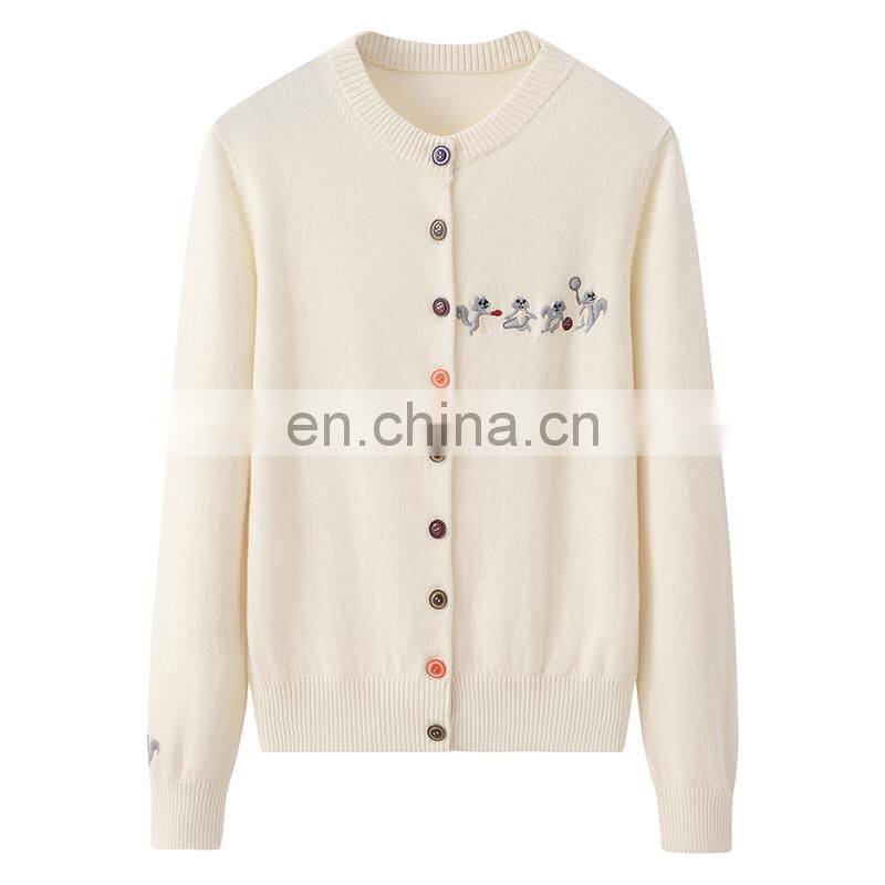 Wholesale Classic 100% Cashmere Women's Sweater High Quality round Neck Knitted Casual Style Button Decoration Front Logo Winter