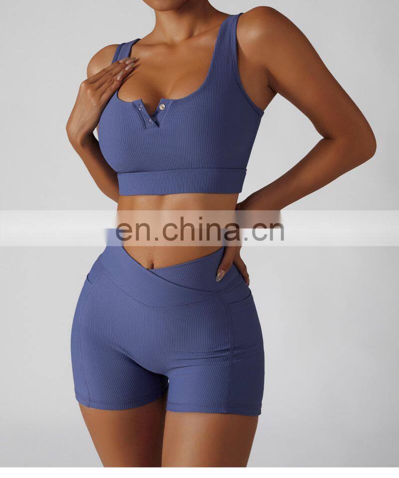Sexy Ribbed Front Buttons Yoga Bras Factory Sale High Impact Sports Shockproof Crop Tops
