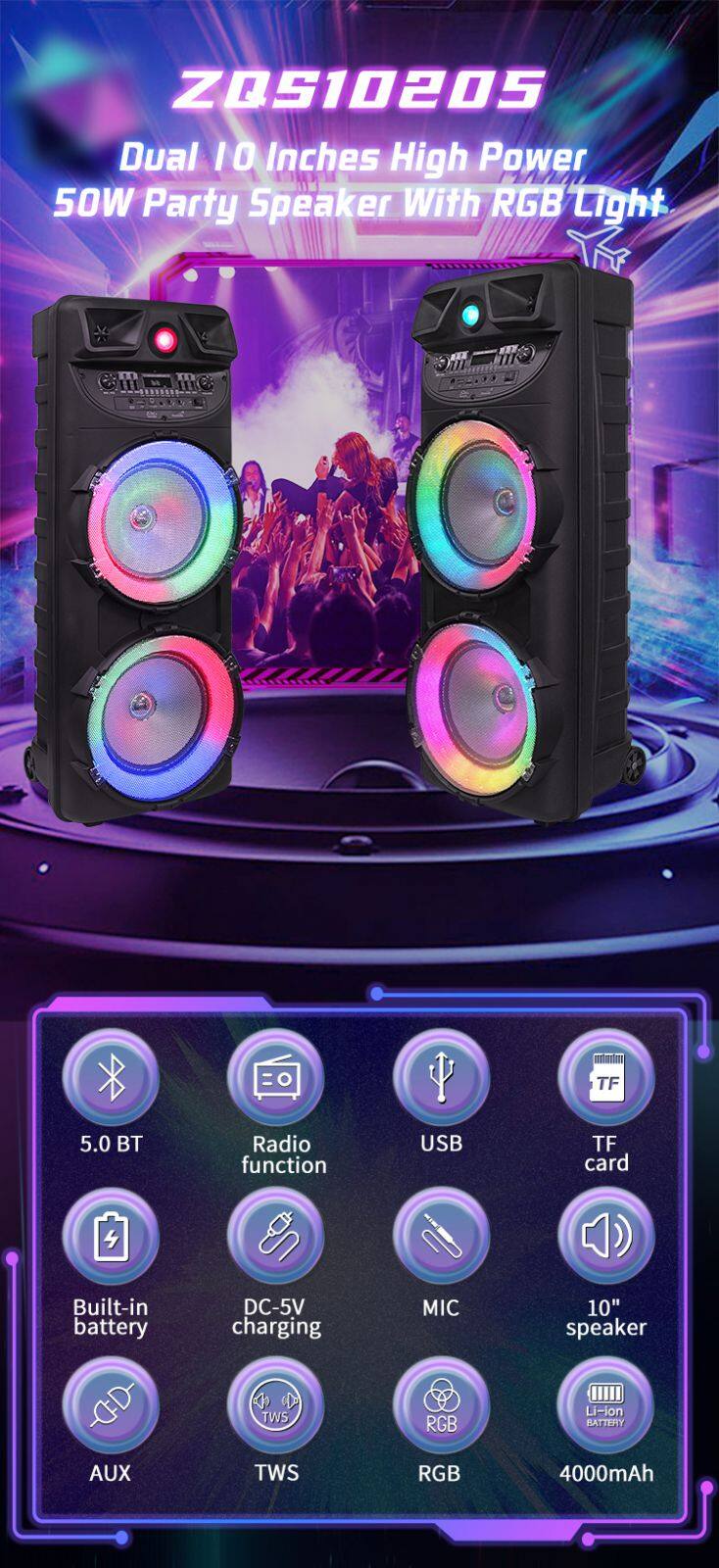 ZQS10205 super power 50W 10-inch*2 bass sound wireless customized party speaker with colorful lights