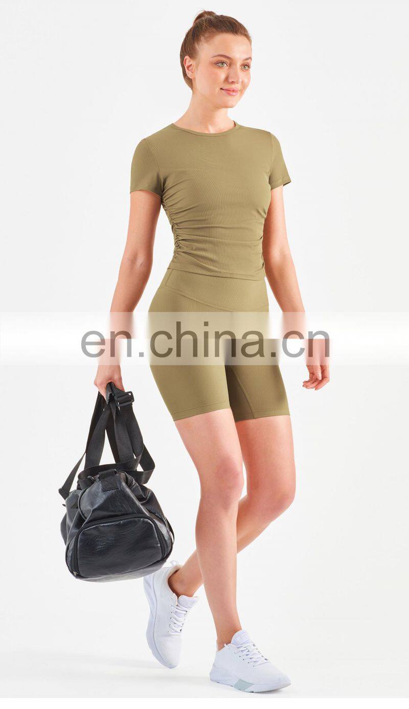 Women Ribbed Short Sleeve Slim Fit T-Shirt And Short Yoga Set Sport Fitness Suit