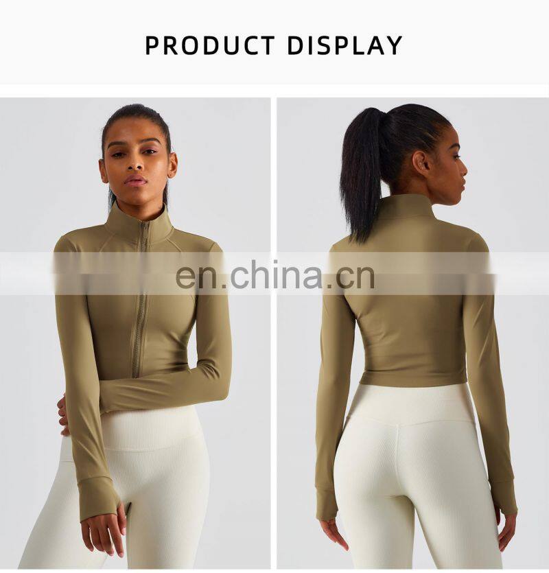 Full Zipper Women Yoga Jackets With Thumb Hole Custom Long Sleeve Sports Quick Dry Tops