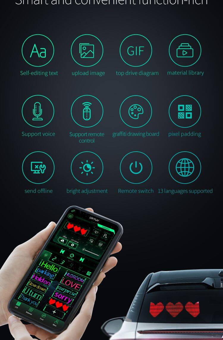 LED Pixel Soft Display Pattern Animation Mobile APP Control Flexible USB Car Screen DIY Text Wireless Lan Connection