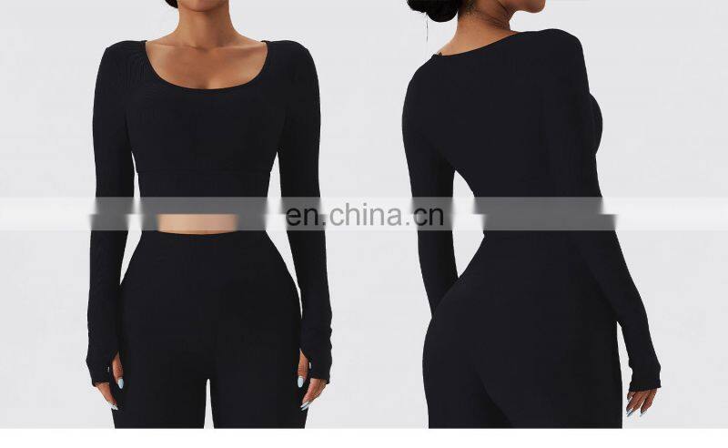Ribbed 2 In 1 Piece Long Sleeve Yoga Crop Tops Wholesale Womens Square Neck Sports Bras
