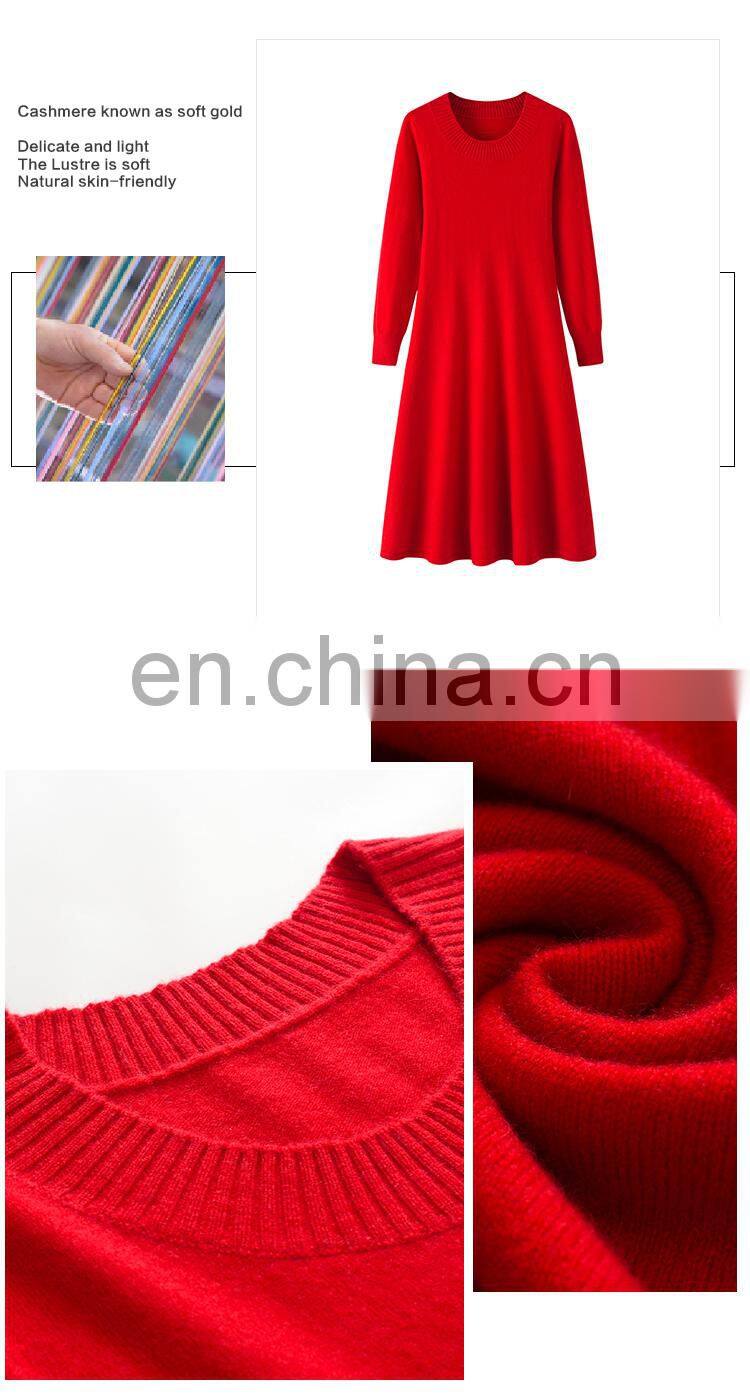 Manufacturer's Women's Autumn Midi 100% Cashmere Knitwear Breathable Knee-Length Dress with Natural Waistline Solid Pattern