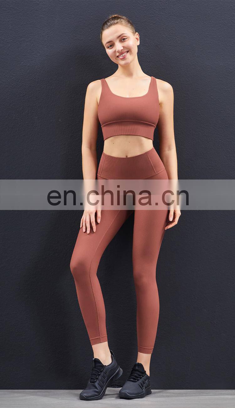 High Quality Workout Outfits Ribbed 2 Piece Yoga Set High Impact Support Wirefree Gym Set Women