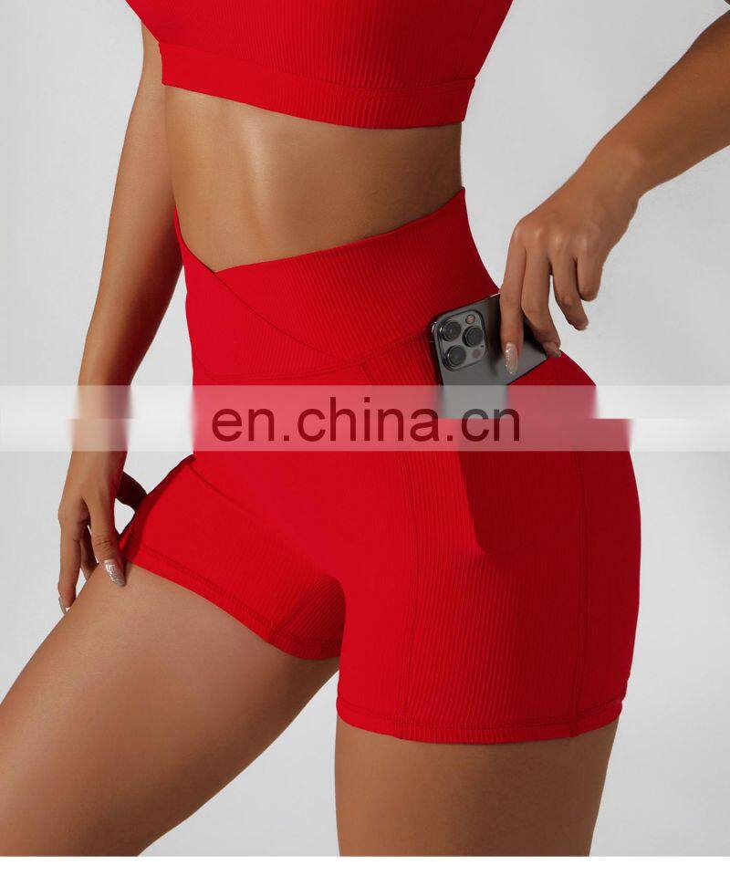 OEM Cross Waist Gym Shorts With Side Pocket Ribbed High Waist Athletic Wear