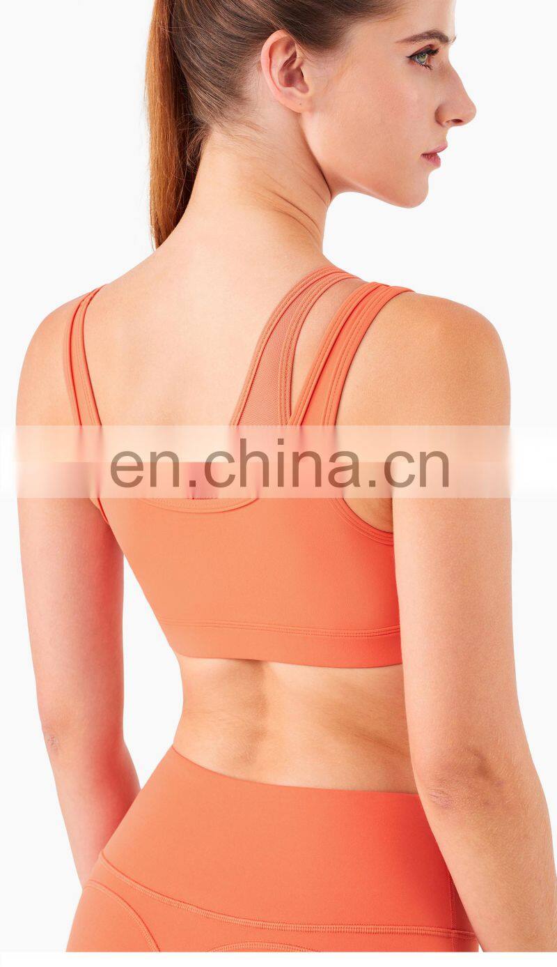 New Mesh Double Strap Women Sports Bra Recycle Fabric One Shoulder Sports Bra Support OEM