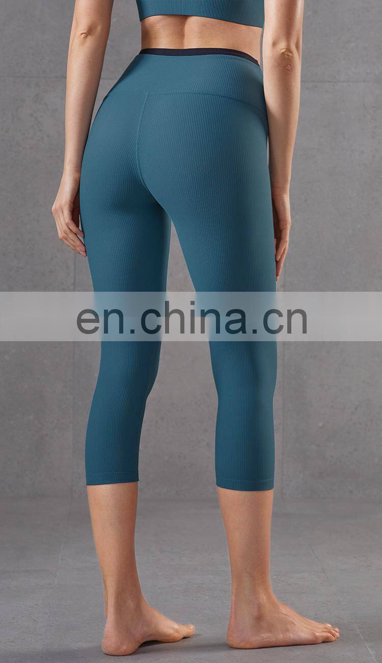 Hot Ribber Fabric Capri Sport Legging High Waist Women Yoga Pants Splice Color OEM