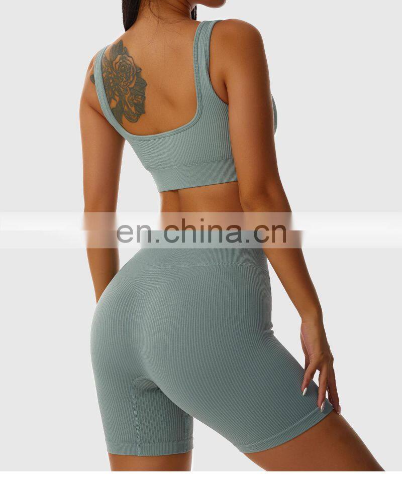 Seamless Wholesale Ribbed Wide Straps Fitness Yoga Bras Workout High Impact Sports Tops