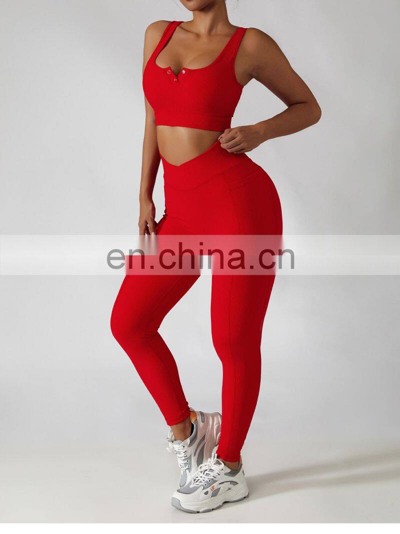 Sexy Ribbed Front Buttons Yoga Bras Factory Sale High Impact Sports Shockproof Crop Tops