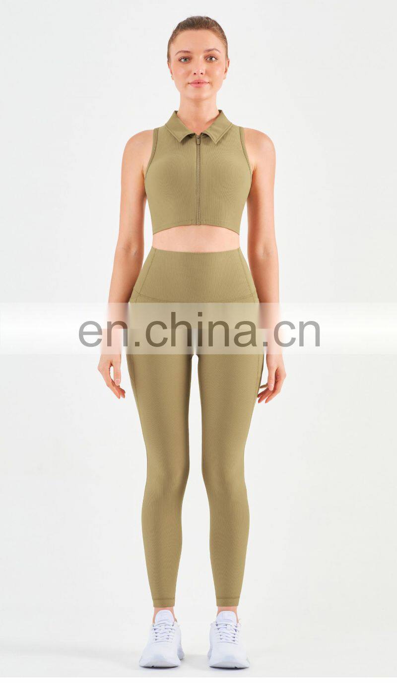 Workout Outfits Sports Ribbed Golf Polo Padded Bra Tank Top Yoga Legging Set Womens