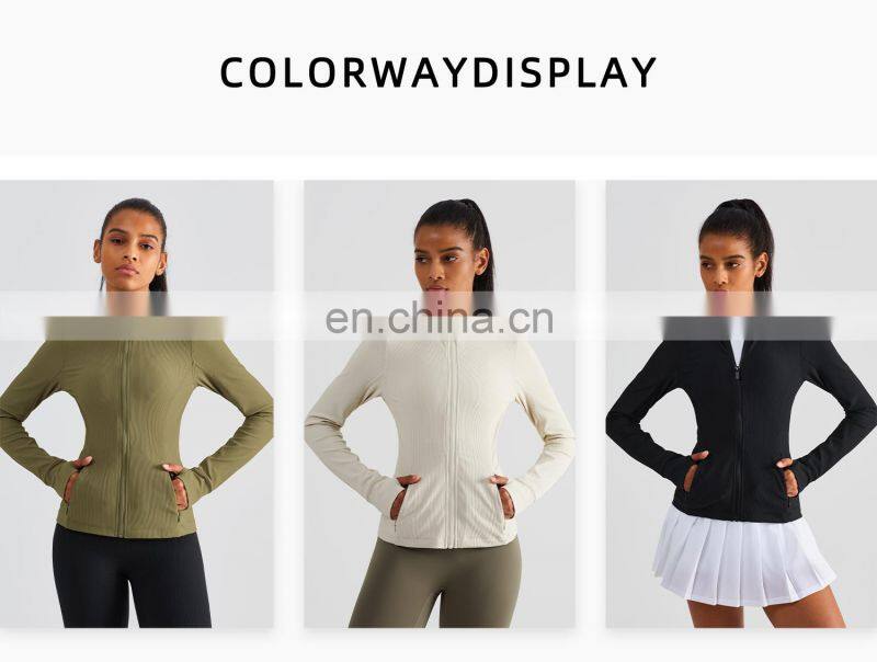 Ribbed Long Sleeve Zipper Tight Tops Workout Clothing Custom Pockets Fitness Yoga Jackets
