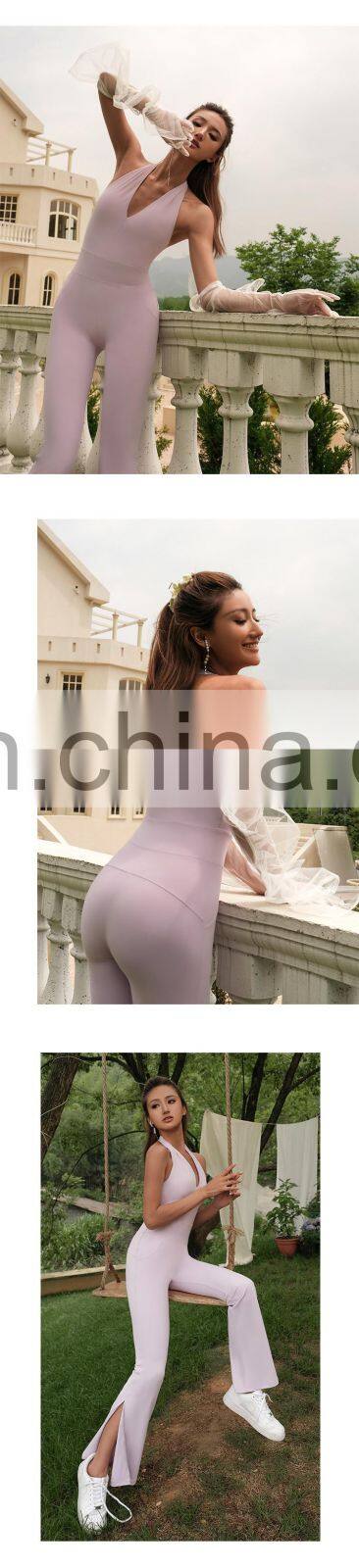 Women Sexy Halter One Piece Yoga Jumpsuits Custom Backless Sports Bodysuit Flared Leggings