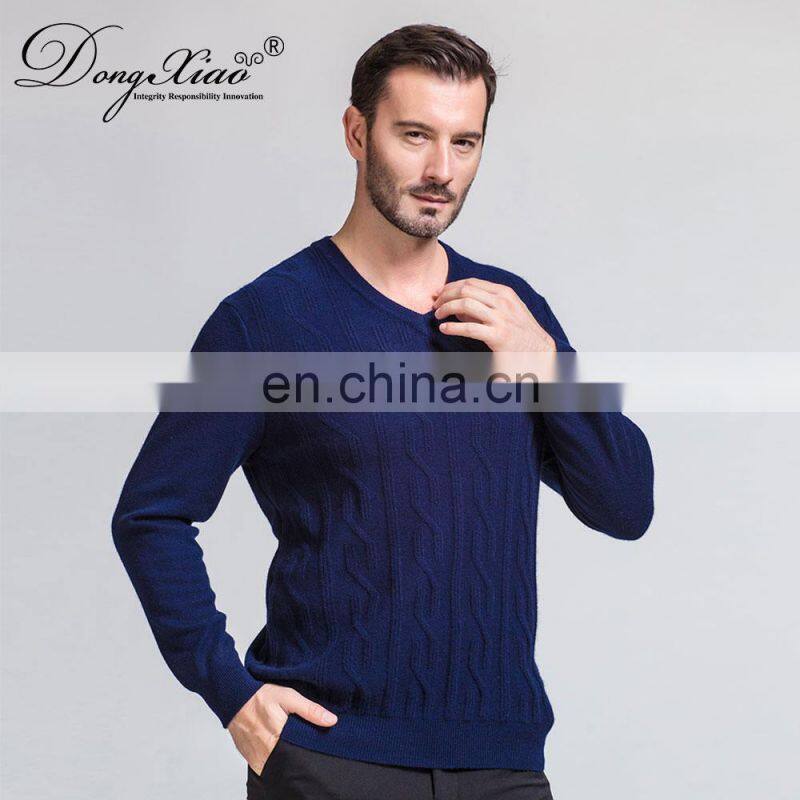 Classic Men's Merino Wool V-Neck Cable Pullover Winter Knitted Sweater