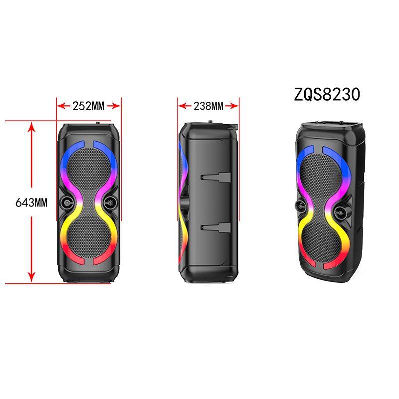 ZQS8230 OEM sell well 30W power dual 8 inch speaker wireless party speaker with colorful lights