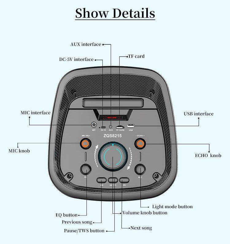 ZQS8215 Karaoke deep bass 40W power dual 8 inch speaker wireless party speaker for outdoor