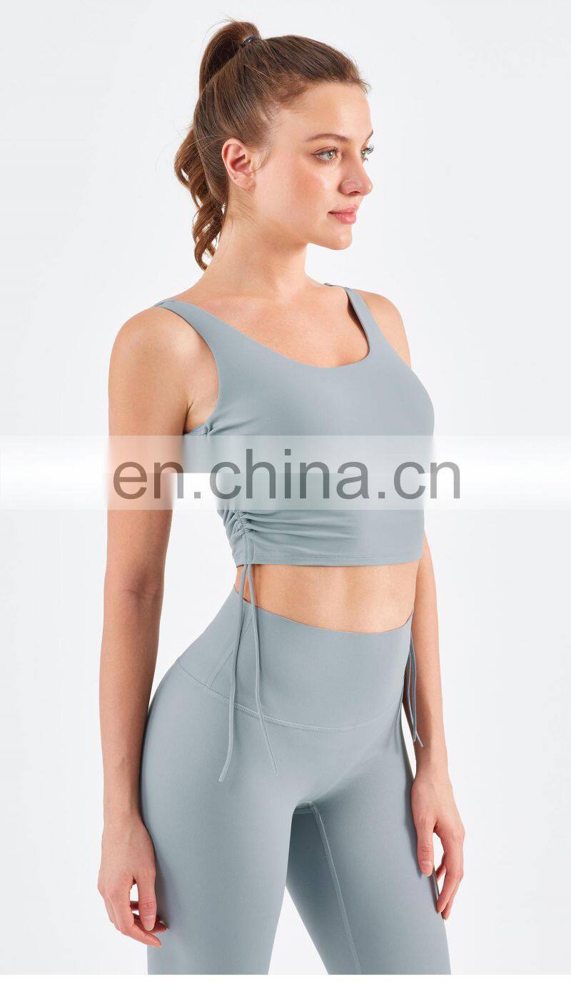 Wholesale Drawstring Sports Bra With Side Ruched Design Yoga Crop Top Fitness Women