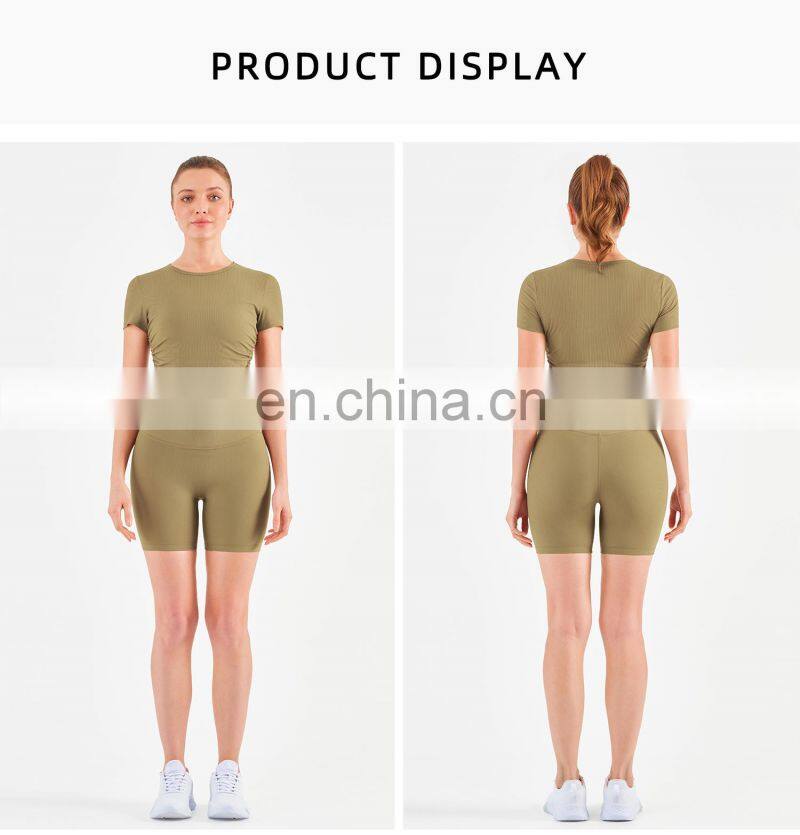 Women Ribbed Short Sleeve Slim Fit T-Shirt And Short Yoga Set Sport Fitness Suit
