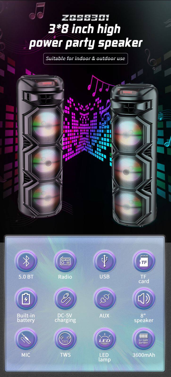ZQS8301 hot sell deep bass sound 40W power 8 inch*3 wireless party speaker with colorful lights