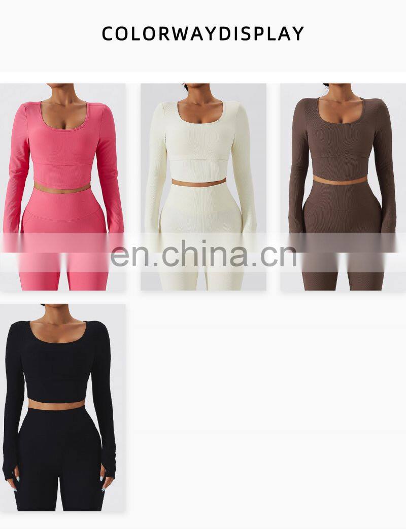 Ribbed 2 In 1 Piece Long Sleeve Yoga Crop Tops Wholesale Womens Square Neck Sports Bras