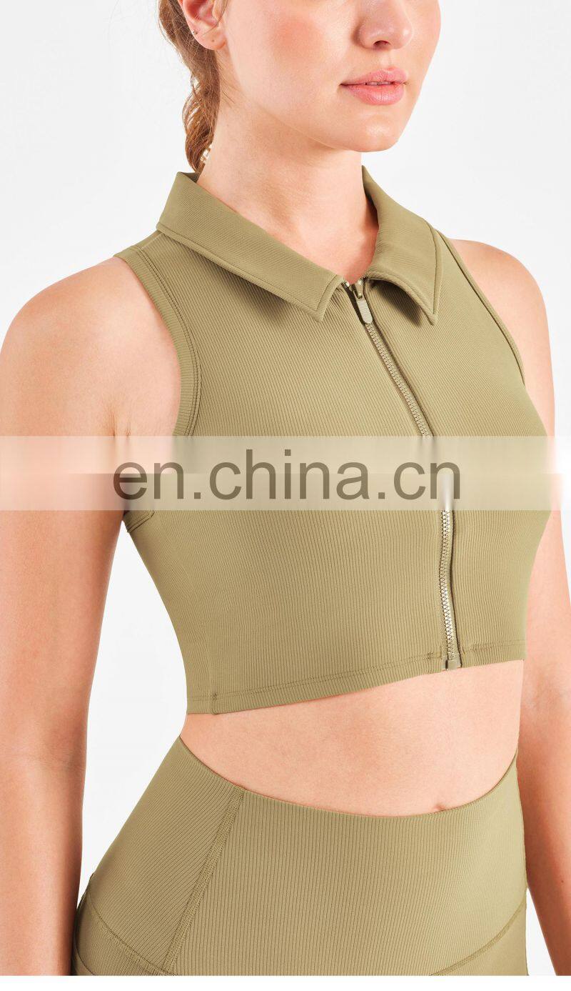 Designer Polo Ribbed Sports Bra With Front Zipper Gym Fitness Women Yoga Tank Tops