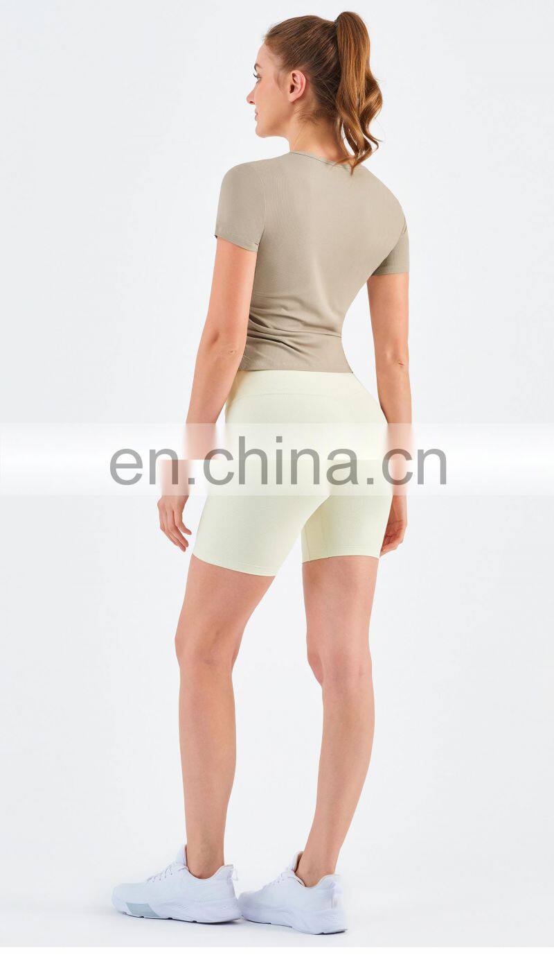 Women Ribbed Short Sleeve Slim Fit T-Shirt And Short Yoga Set Sport Fitness Suit