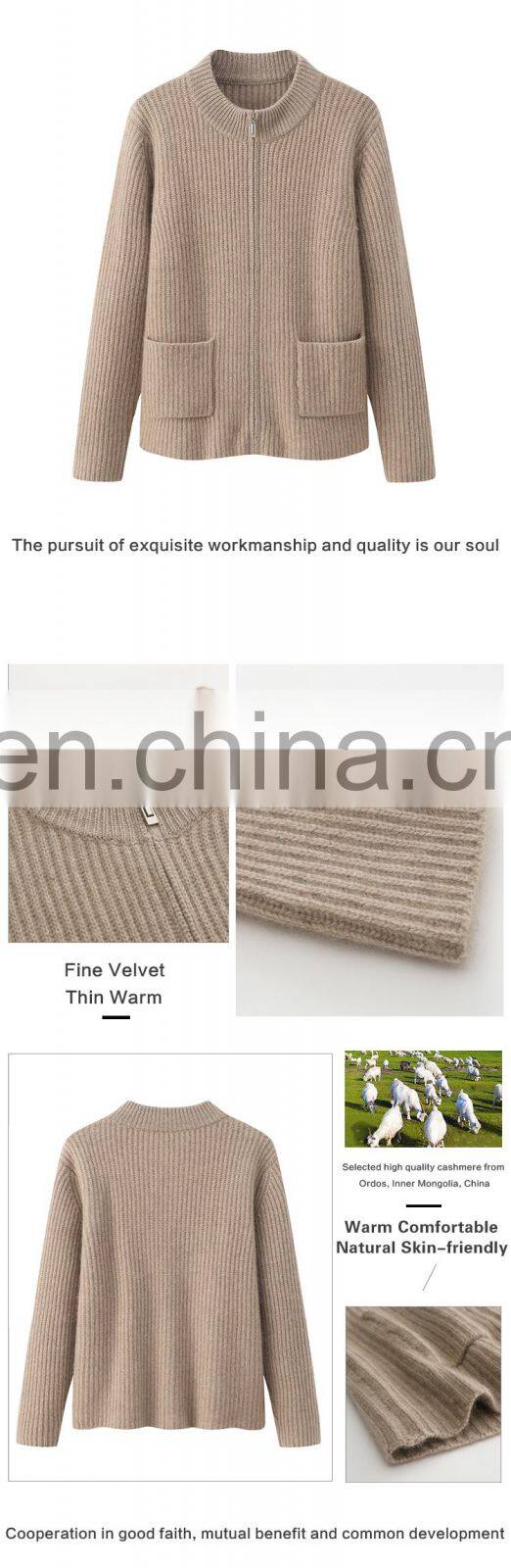 Luxury Women's Zip-Up Fashion Rib Knit Thick Pure Cashmere Sweater Stand Collar Solid Pattern Casual Pockets Winter Collection