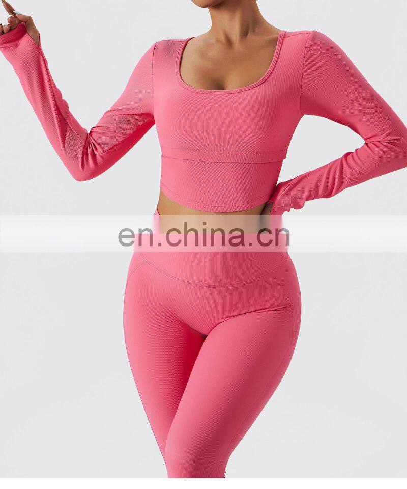Ribbed 2 In 1 Piece Long Sleeve Yoga Crop Tops Wholesale Womens Square Neck Sports Bras