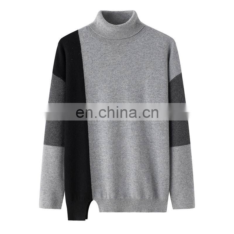 Women's Casual 100% Cashmere Turtleneck Pullover Plain Knitted 12GG Color Blocking Pattern for Winter