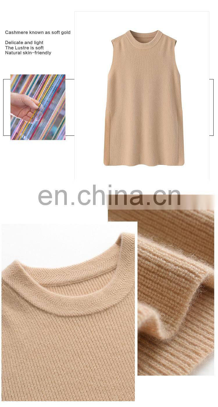 High Quality Custom Knit Pullover Crew Neck Cashmere Woolen Sweater Vest Casual Long Length Outer Wear Embroidered Back Solid