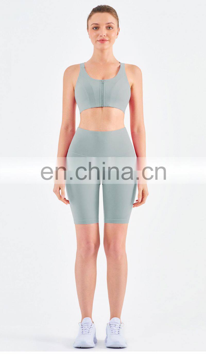 Tik Tok High Elastic Front Zipper Sport Bra Biker Shorts Sets Women Fitness Yoga Wear