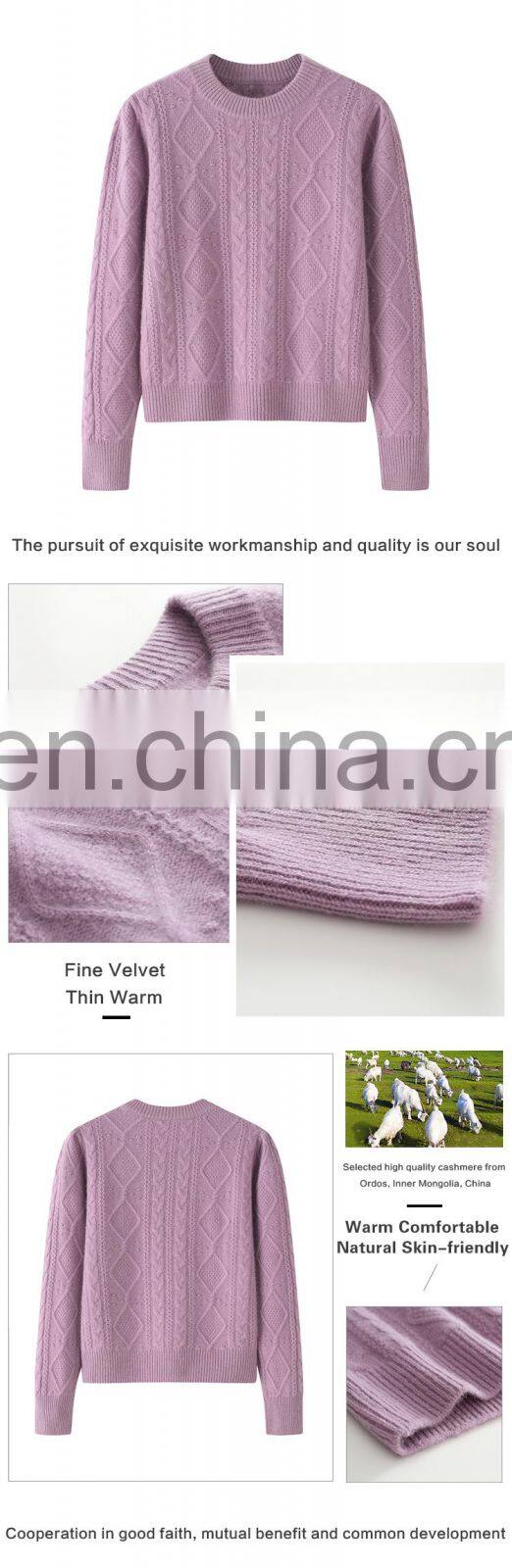 Women's 100% Pure Cashmere O-Neck Pullover Solid Color Jacquard Thickened Crew Neck Sweater for Winter Casual Style Front Logo