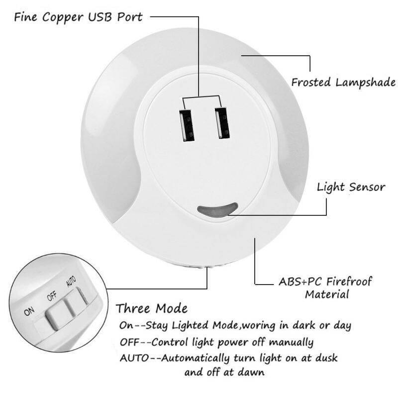 Dual USB Wall Charger Led Sensor Night Lamp With Auto Mode And Always On/Off Mode
