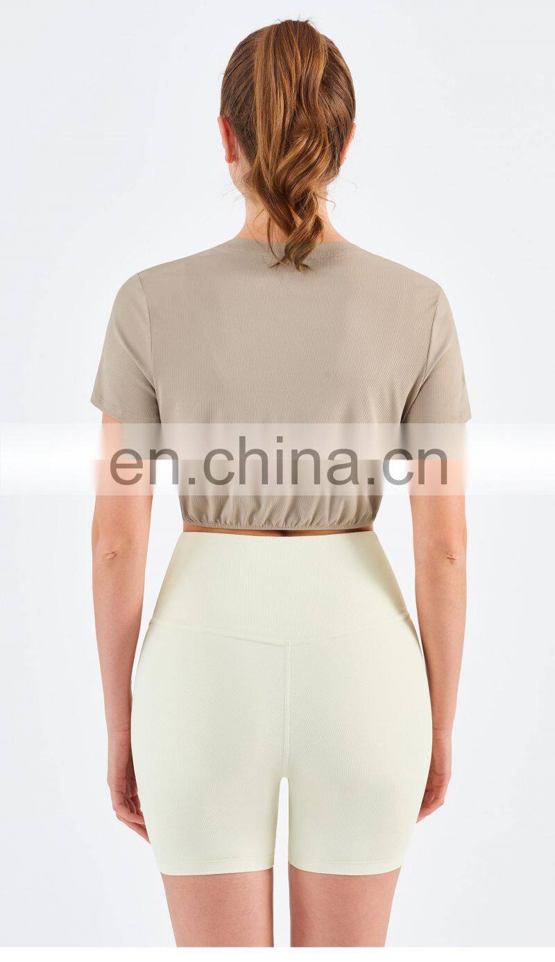 New Double Ribbed Loose Women's T Shirts With Elastic Hem Yoga Fitness Short Sleeve Crop Top