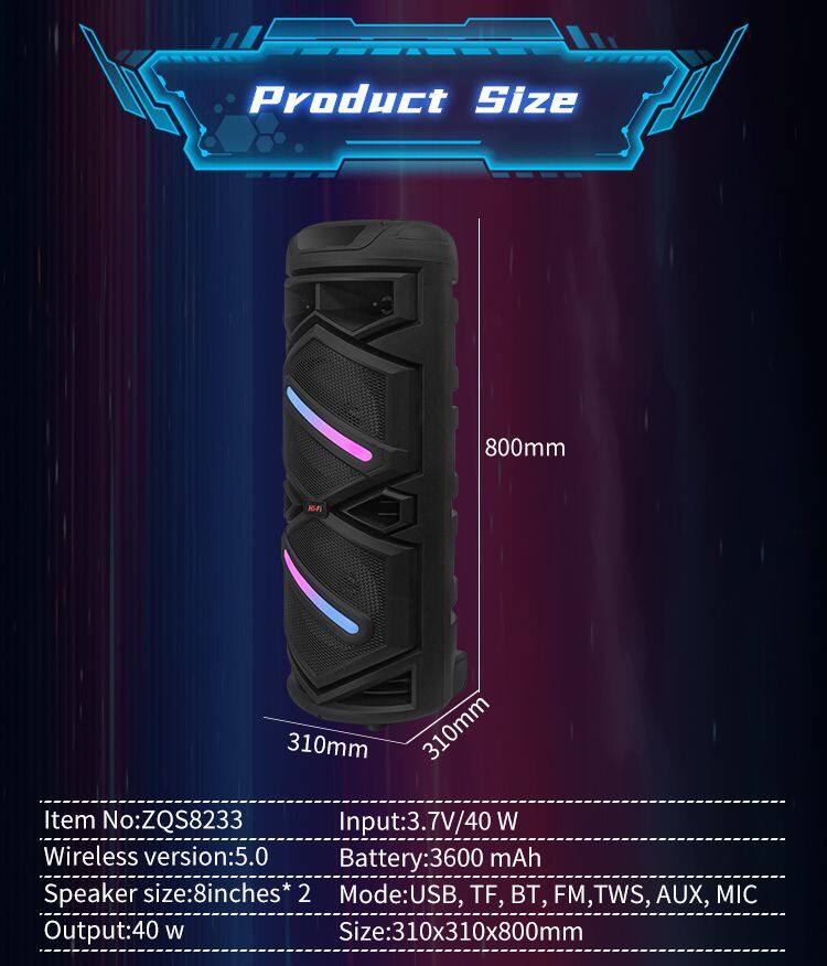 ZQS8233 sell well subwoofer 40W power dual 8 inch speaker wireless party speaker with colorful lights