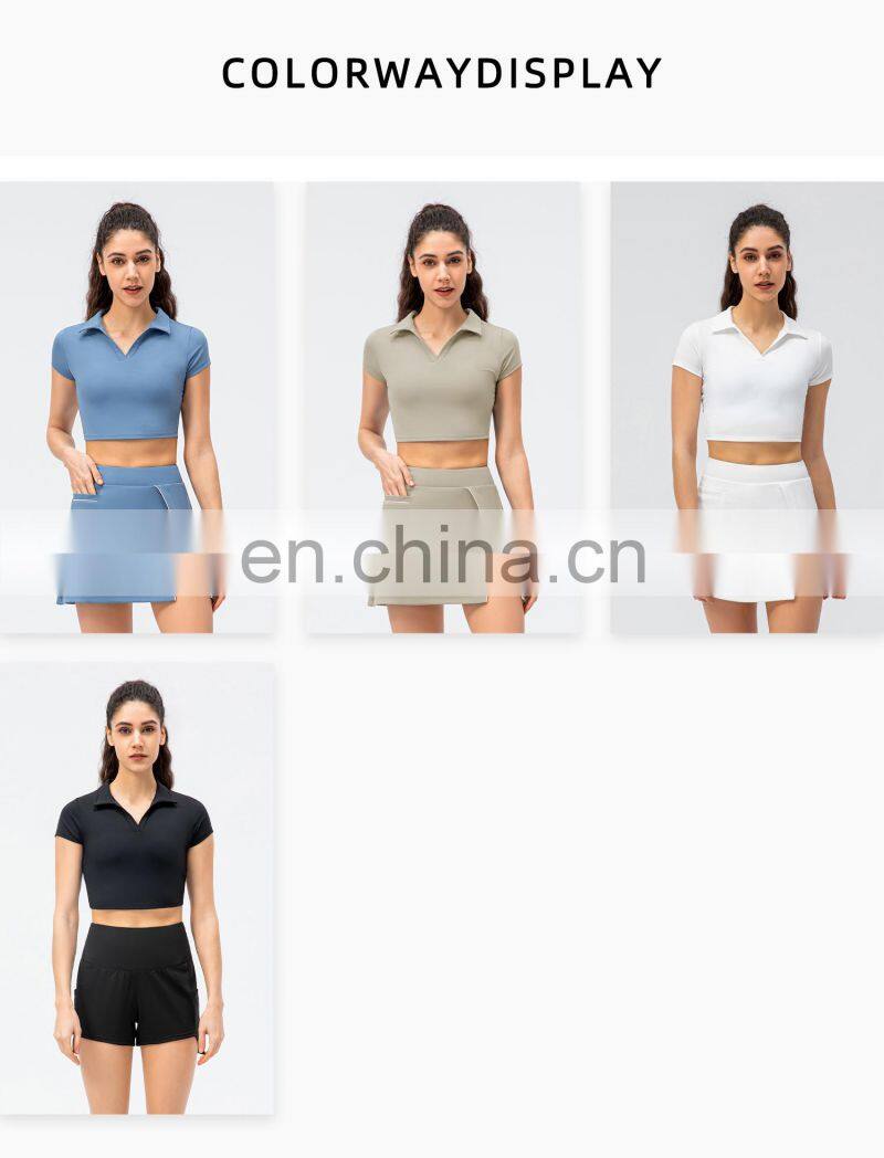 2022 Ladies short sleeve Cropped Collar Top Activewear Slim Fit Outfits Women Pleated Golf Tennis Short