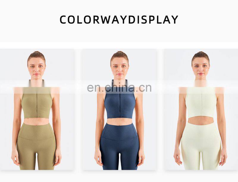 Designer Polo Ribbed Sports Bra With Front Zipper Gym Fitness Women Yoga Tank Tops