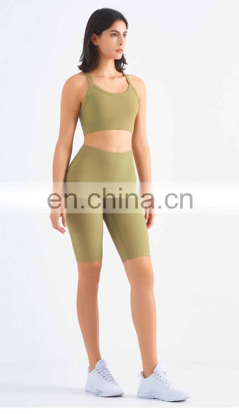 Tik Tok Ribbed Cross Back Sports Bra Workout Breathable Gym High Impact Yoga Top