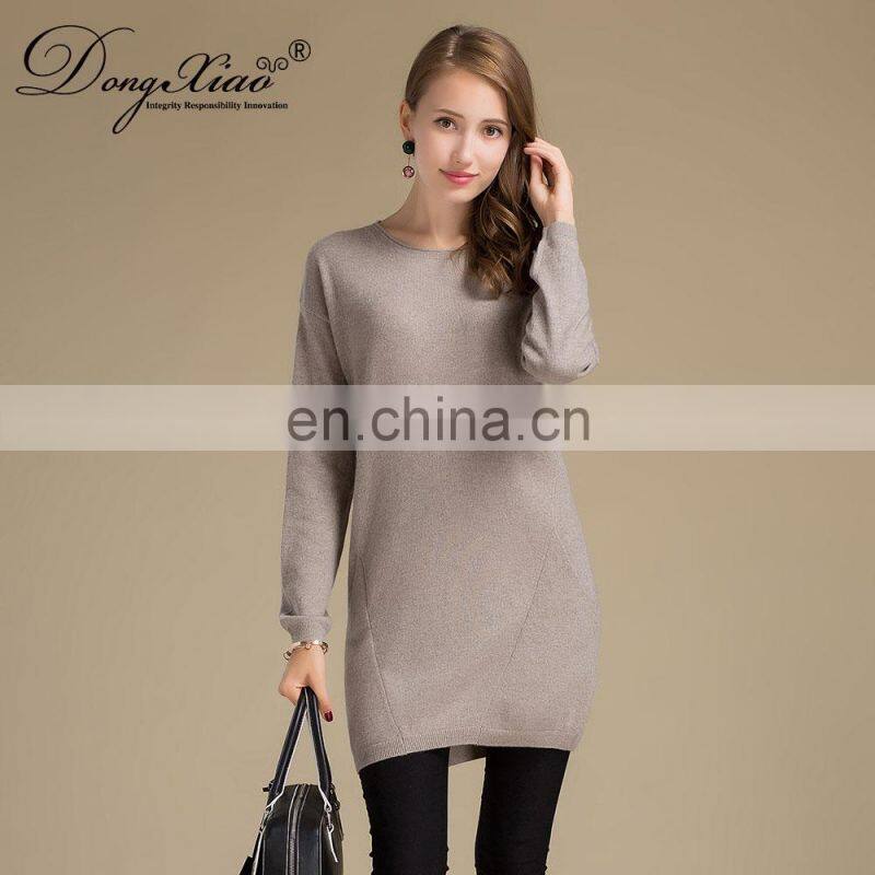 Lady Fashion Winter Warm Casual Long Dress Vintage 100% Cashmere Sweater O-Neck Collar Knitted Weaving OEM Service Available
