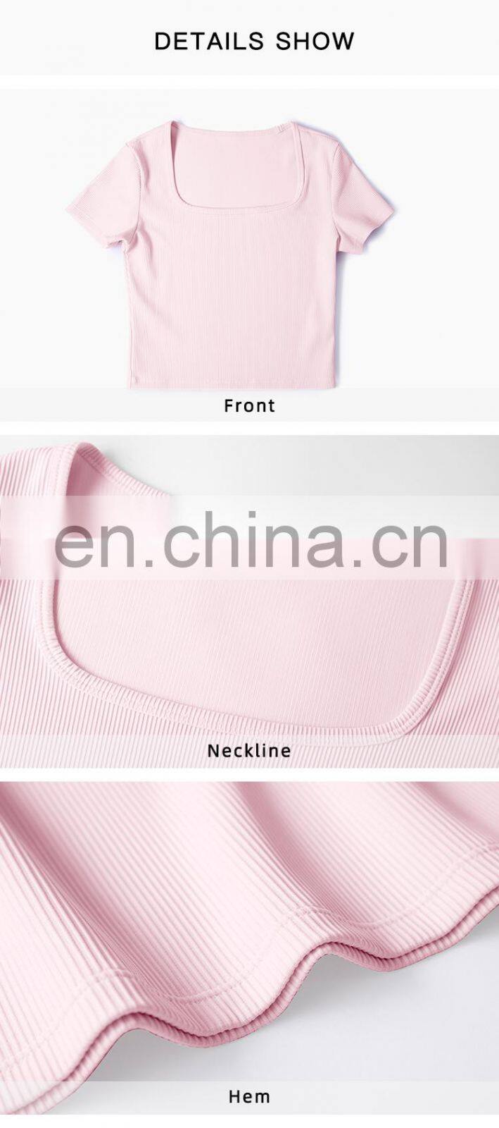 Ribbed Fabric Square Neckline Short Sleeve Gym Tops Slim Fit Plus Size Women's T-Shirts