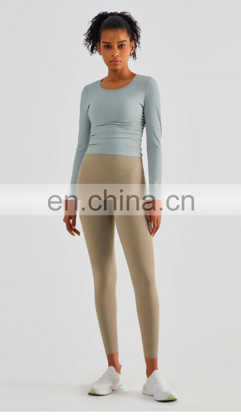 Ribbed Side Folding Yoga Tshirts Women Custom Long Sleeve Outdoor Sports Tops Gym Wear