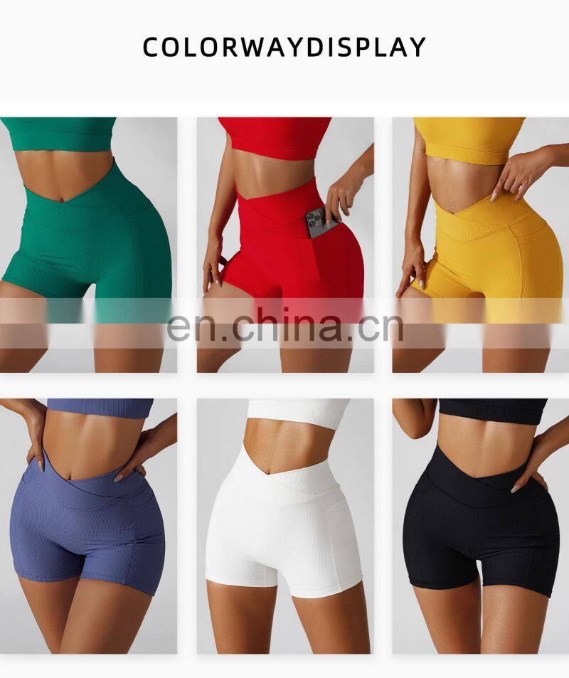 OEM Cross Waist Gym Shorts With Side Pocket Ribbed High Waist Athletic Wear