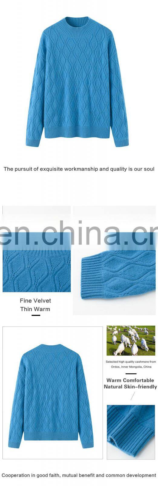 Vintage Winter Women's Crew Neck Pure Cashmere Sweater Rhombus Knitted Pattern with Jacquard Technique OEM Service Available