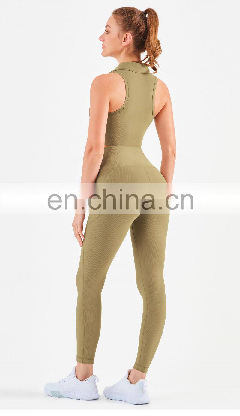 Workout Outfits Sports Ribbed Golf Polo Padded Bra Tank Top Yoga Legging Set Womens