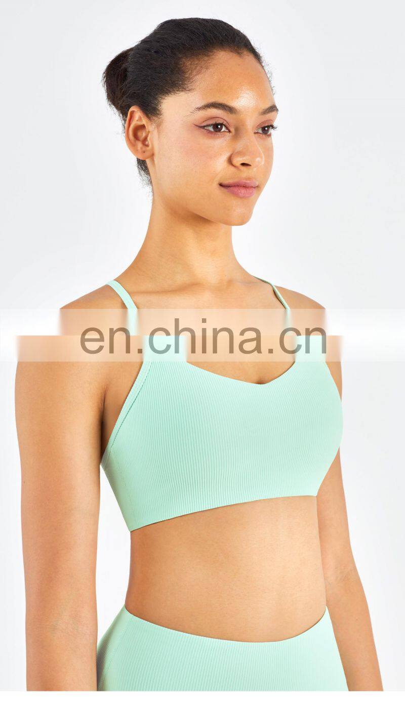 Ribber Camisole Women Yoga Fitness Workout Sports Bra Custom Print High Impact Strappy Bras Top