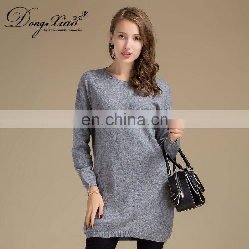Lady Fashion Winter Warm Casual Long Dress Vintage 100% Cashmere Sweater O-Neck Collar Knitted Weaving OEM Service Available